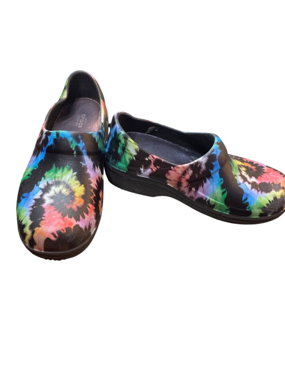 Crocs Dual Comfort wms floral black blue slip on mules clogs sz 8 SKU 10-303